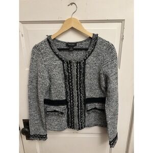 WHITE HOUSE BLACK MARKET Tweed Boucle Gray‎ Embellished Full Zip Jacket Size M
